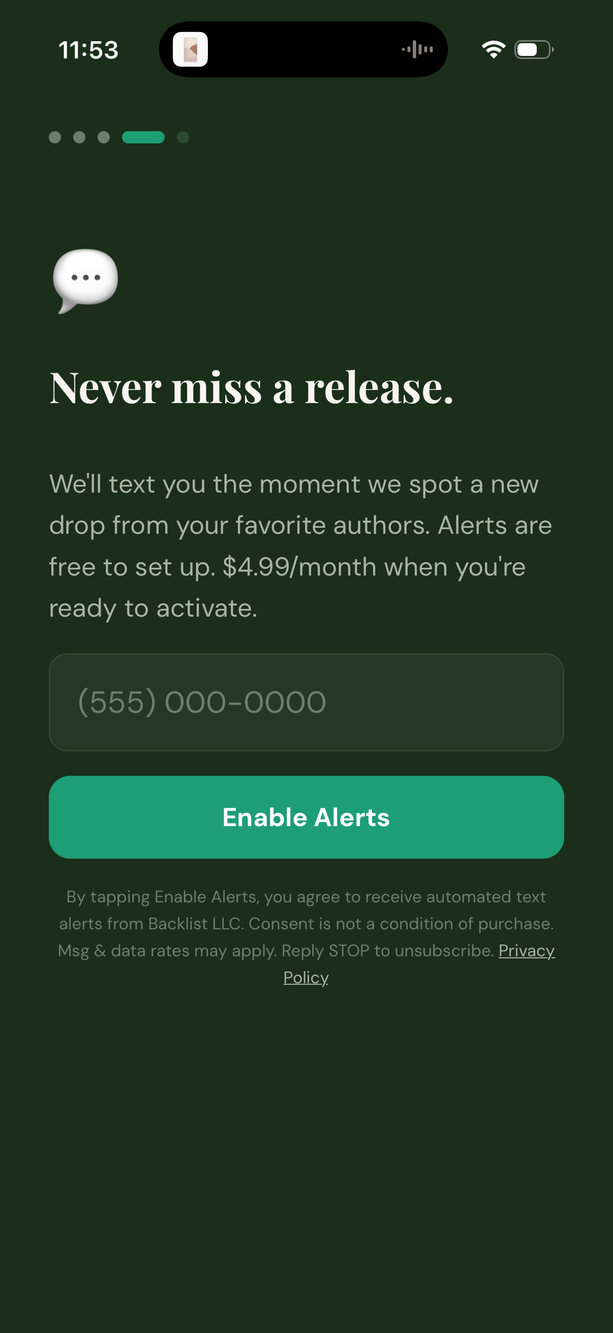 SMS alerts opt-in screen