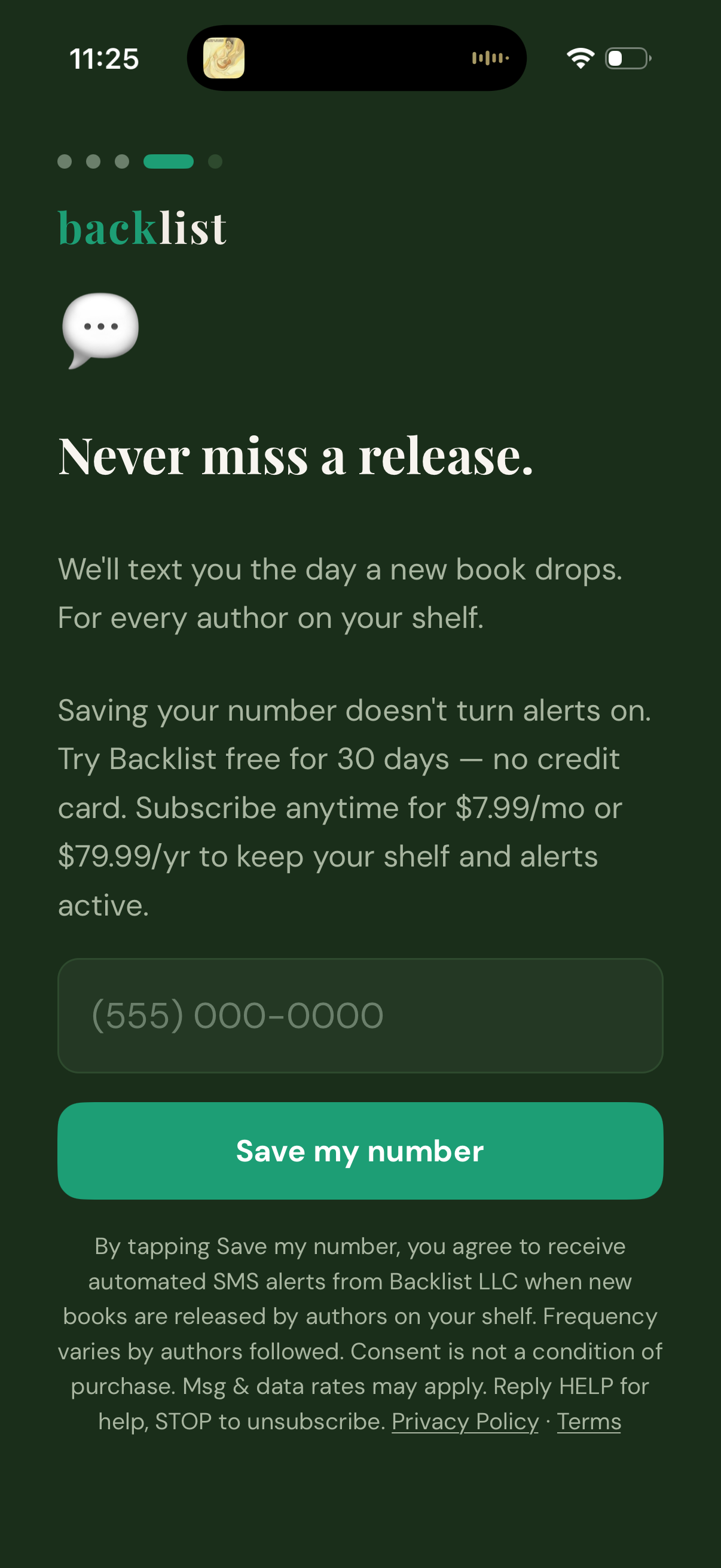 Backlist iOS app SMS opt-in screen showing phone number input, Save my number button, and consent text.